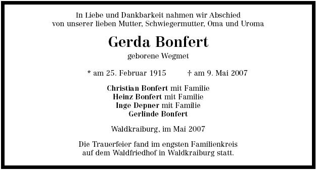Wegmet Gerda 1915-2007 Todesanzeige